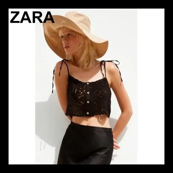 NWT ZARA black crochet festival retro boho button down crop top - Picture 1 of 8